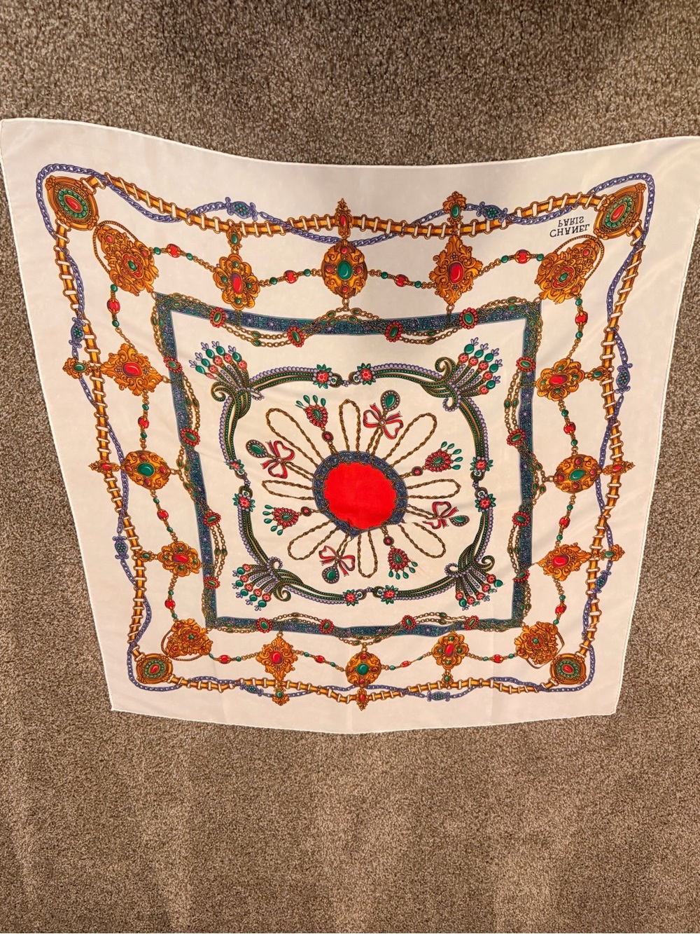 CHANEL Cream Silk Scarf with Red, Green, Blue and Gold Accents